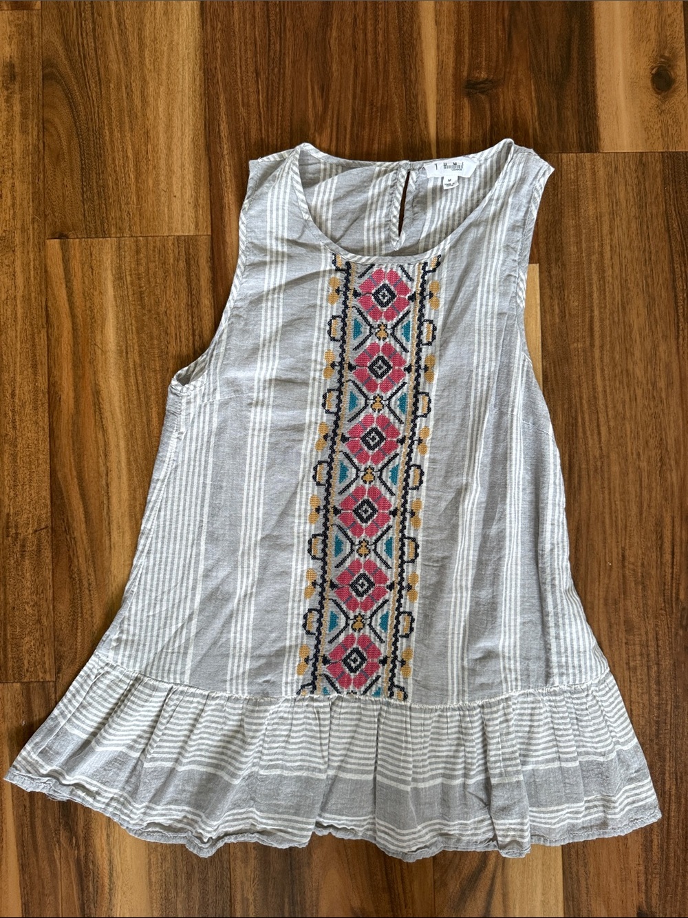 THML White Striped Tank with Pink, Teal & Gold Embroidery